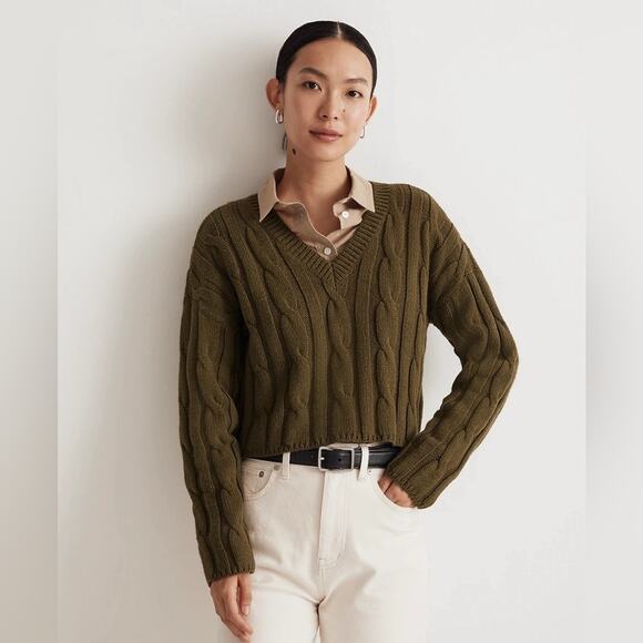 Madewell Cable-Knit V-Neck Crop Chunky Sweater in Loren Green Size Small 2023 - Picture 3 of 13